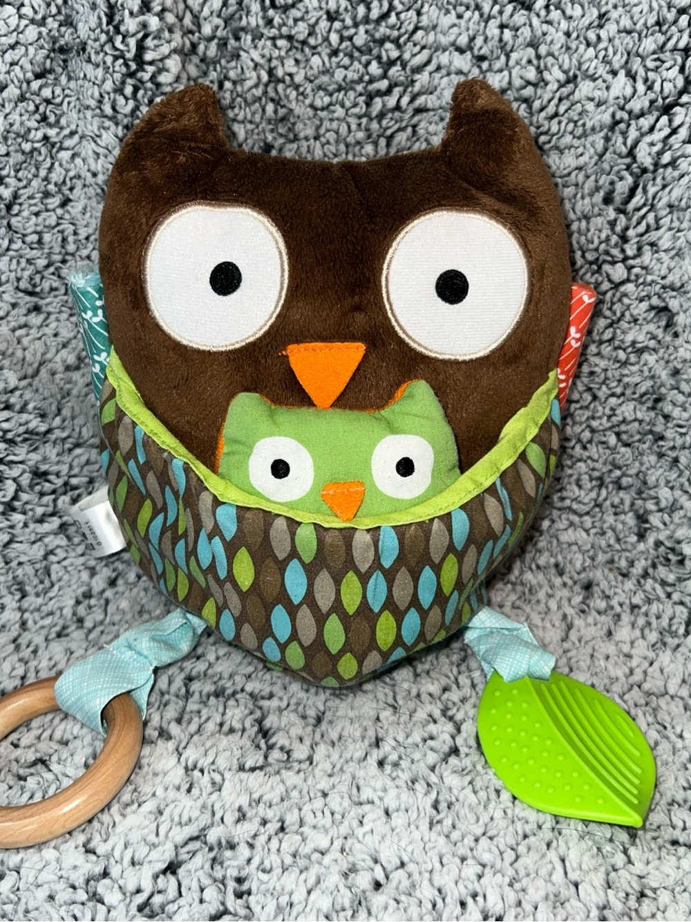 Pottery Barn Kids Brown Owl Plush with Green Baby Owl and Teether